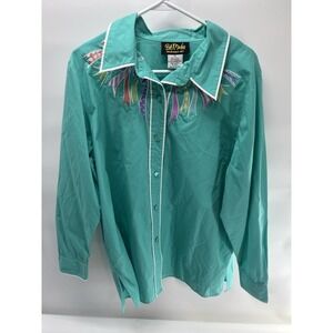 Women's Bob Mackie Wearable Art long-sleeve teal embroidered ribbons XL